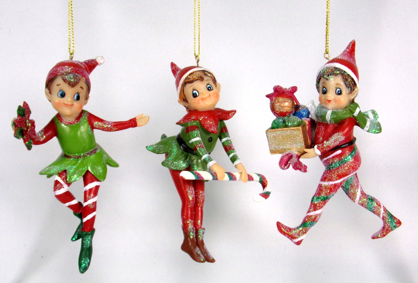 GERSON SET OF 3 POLY-RESIN 5" HAND PAINTED HOLIDAY PIXIE ELF CHRISTMAS ORNAMENTS GERSON SET OF 3 POLY-RESIN 5" HAND PAINTED HOLIDAY PIXIE ELF CHRISTMAS ORNAMENTS