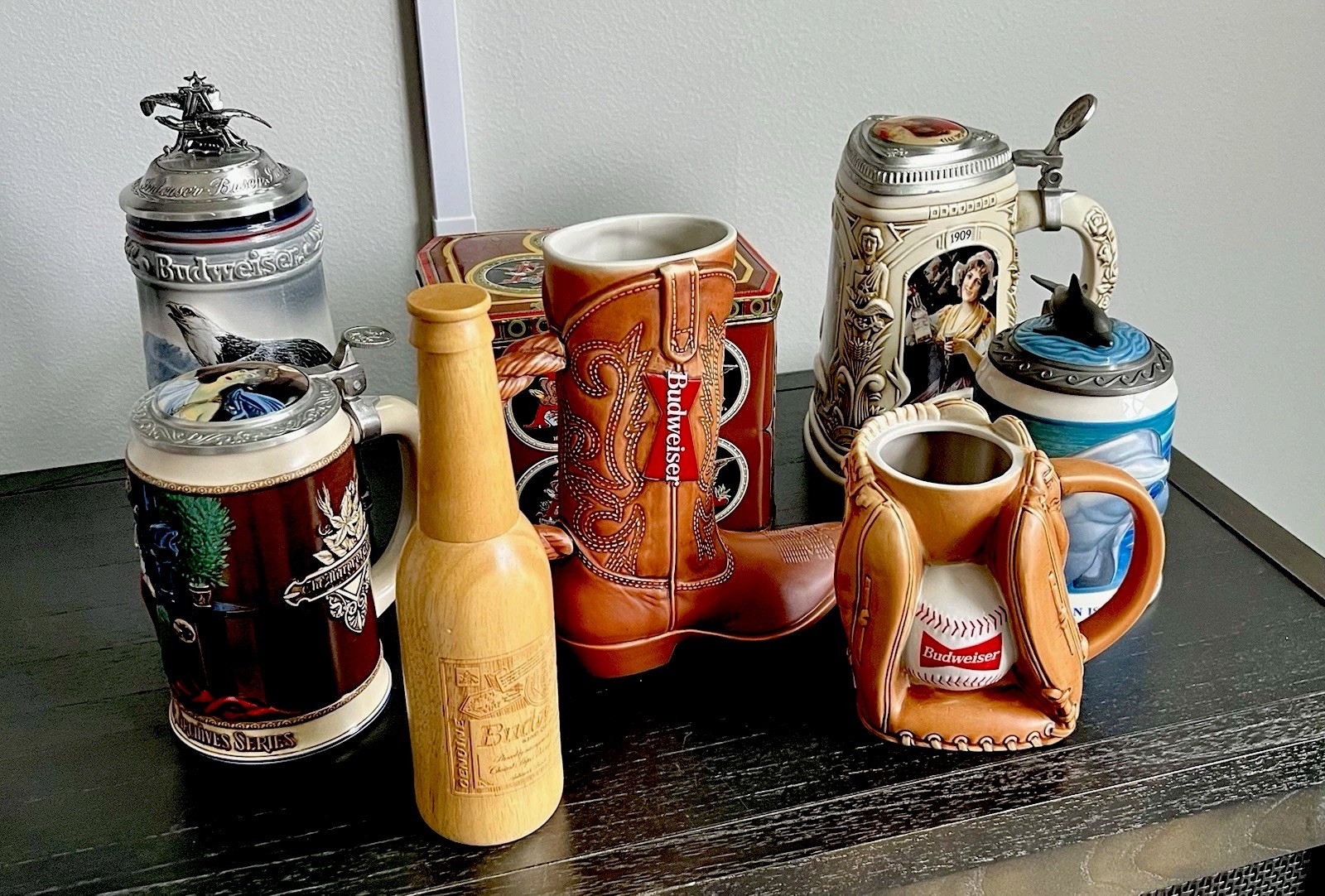 Qty 8 Pc Budweiser Vintage Beer Steins/ Bottle Peppermill/ Ltd Ed Tin Bundle Qty 8 Pc Budweiser Vintage Beer Steins/ Bottle Peppermill/ Ltd Ed Tin Bundle