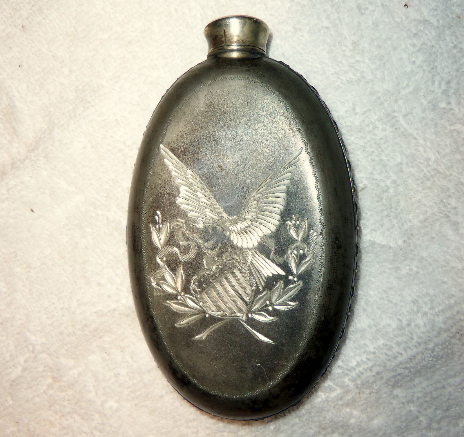 Antique 1860s Civil War Eagle Confederacy German Silver Whiskey Flask Antique 1860s Civil War Eagle Confederacy German Silver Whiskey Flask