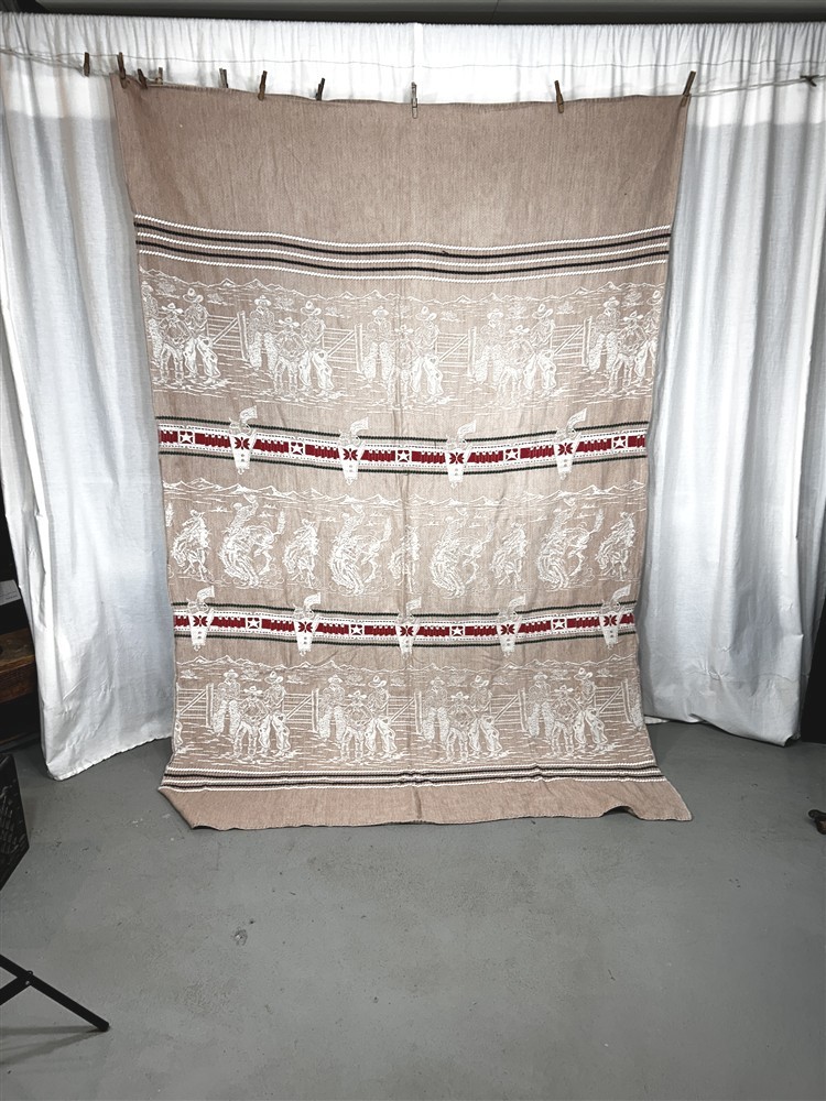 antique cowboy western bedspread 60x92 beige red green original 1940-50
