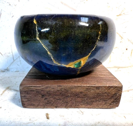 MINI Kintsugi Style Japanese Repair Technique, teal blue bowl, sea glass, VG MINI Kintsugi Style Japanese Repair Technique, teal blue bowl, sea glass, VG