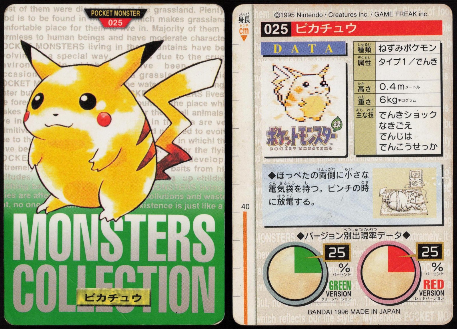 Pikachu No. 025 Green Bandai Carddass Series 1-2 G 1996 Pokemon Japanese MP Pikachu No. 025 Green Bandai Carddass Series 1-2 G 1996 Pokemon Japanese MP