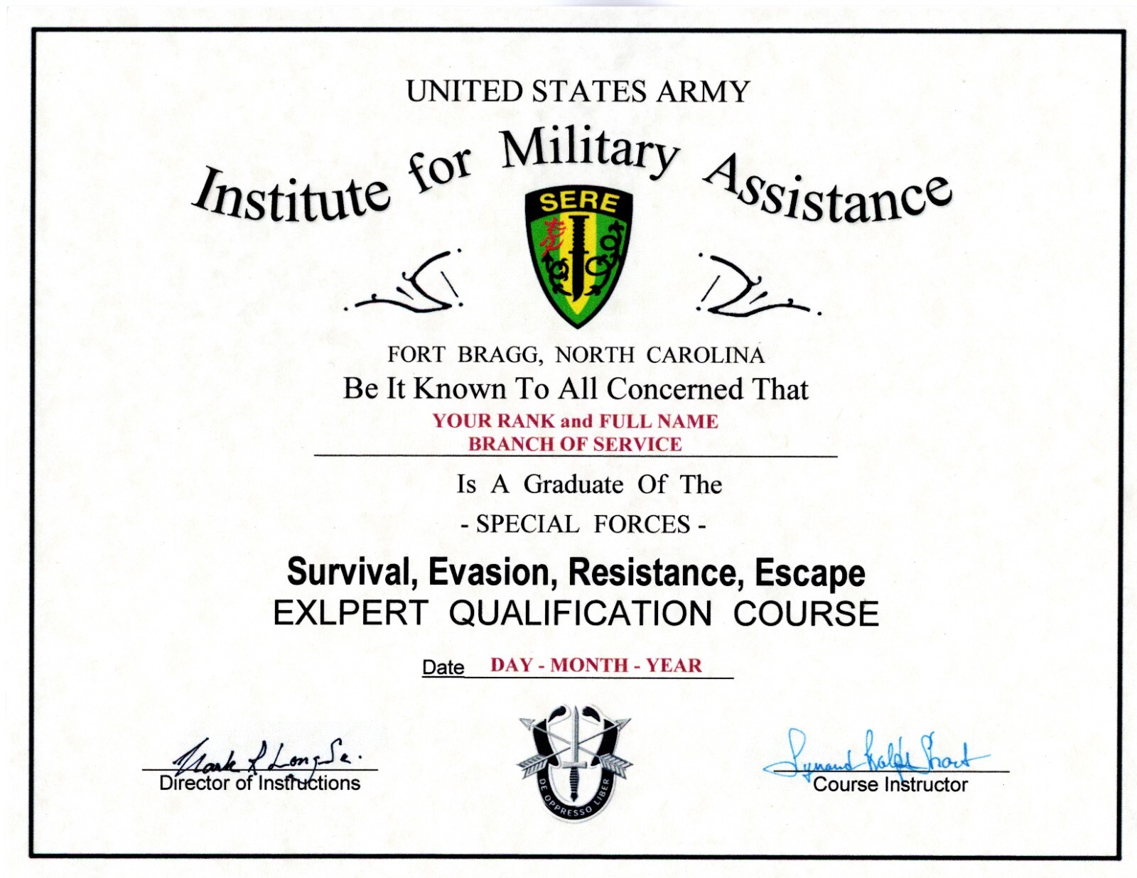 Special Forces SERE Survival Evasion Resistance Escape Replacement Certificate Special Forces SERE Survival Evasion Resistance Escape Replacement Certificate