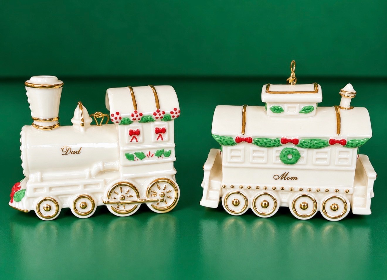 Lenox 2000 Mom & Dad Christmas Train Ornaments Set of 2 Fine Ivory China Lenox 2000 Mom & Dad Christmas Train Ornaments Set of 2 Fine Ivory China