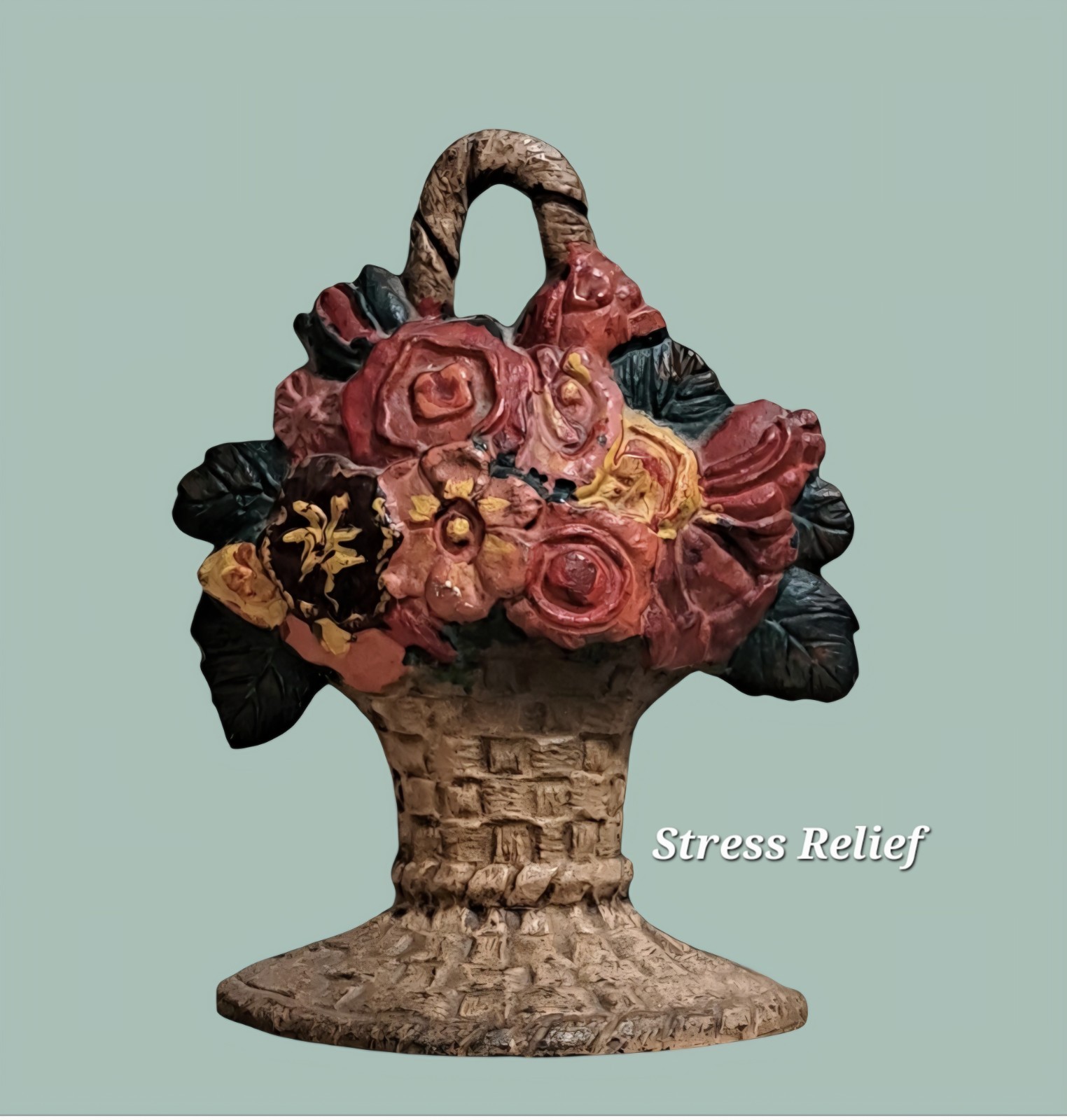 Antique Hubley 818 Cast Iron Flower Basket Doorstop Painted Floral 9.5"