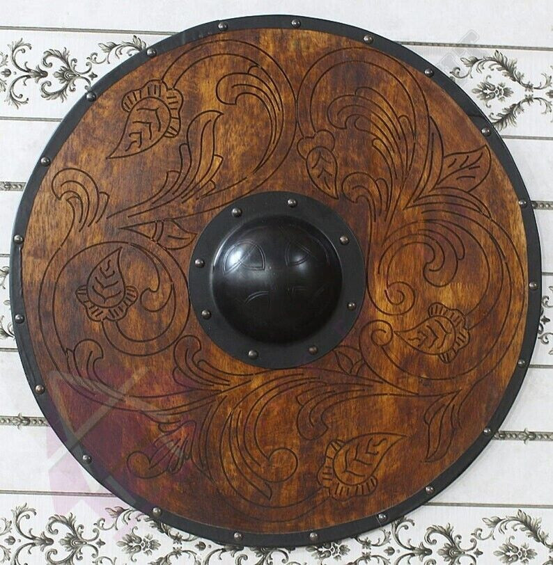 24" INCH WOODEN ROUND FLOWER DESIGN VIKING SHIELD ANTIQUE STYLE 24" INCH WOODEN ROUND FLOWER DESIGN VIKING SHIELD ANTIQUE STYLE