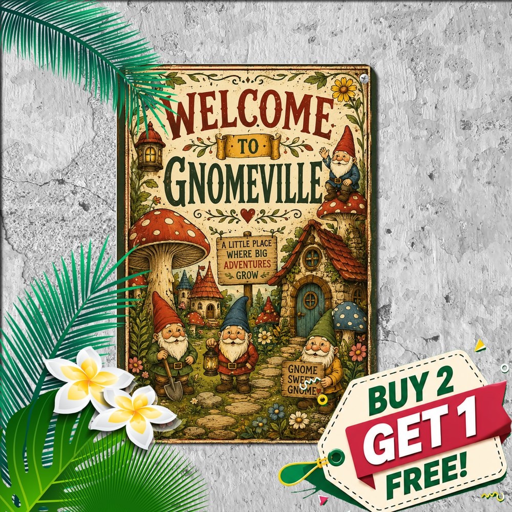 Welcome Gnomeville Sign Whimsical Garden Gnome Yard Metal Tin Plaque Welcome Gnomeville Sign Whimsical Garden Gnome Yard Metal Tin Plaque