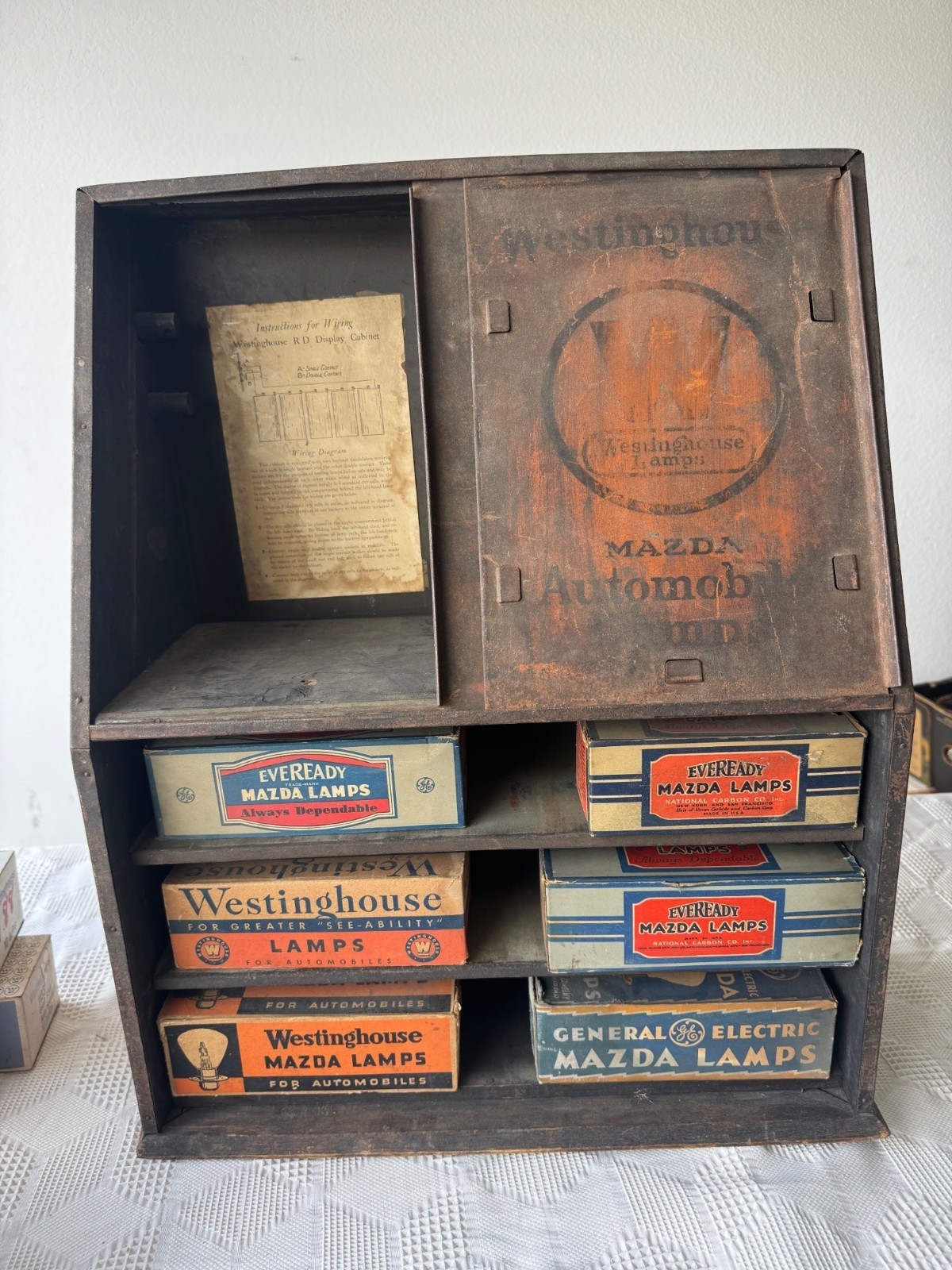 Vintage Westinghouse Mazda Automobile Lamp Display Cabinet With Original Boxes Vintage Westinghouse Mazda Automobile Lamp Display Cabinet With Original Boxes