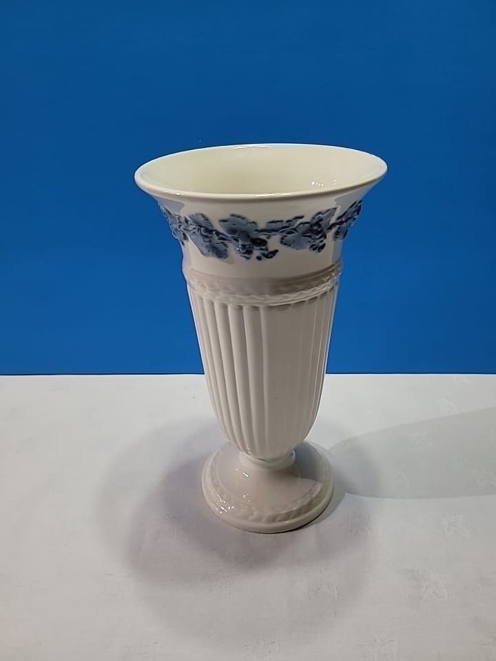 Wedgwood Embossed Queens Ware Blue Grapevine Trumpet Pedestal Vase England Wedgwood Embossed Queens Ware Blue Grapevine Trumpet Pedestal Vase England