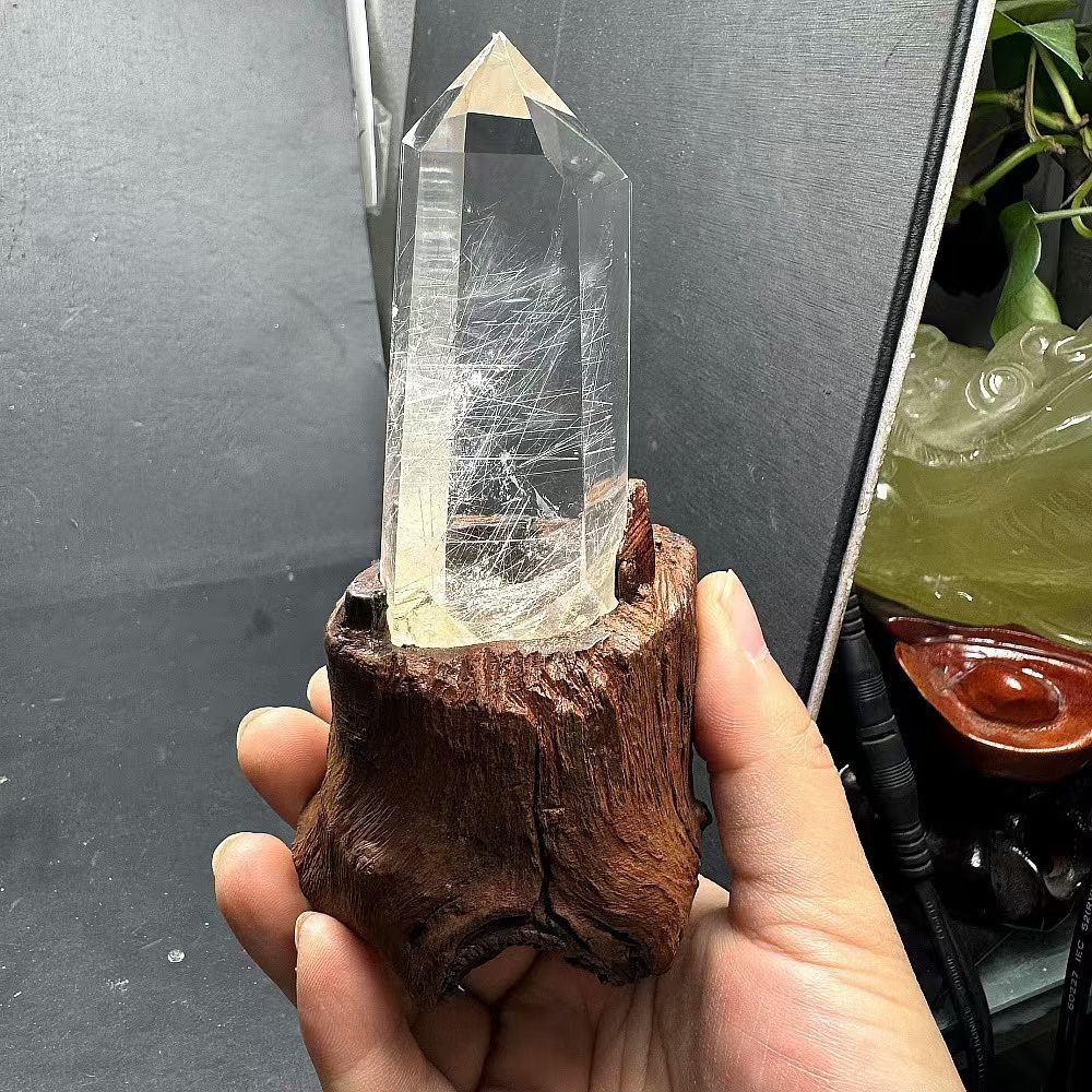 220g TOP Natural Rutilated Quartz Obelisk Energy Crystal Tower Point Decor+Stand