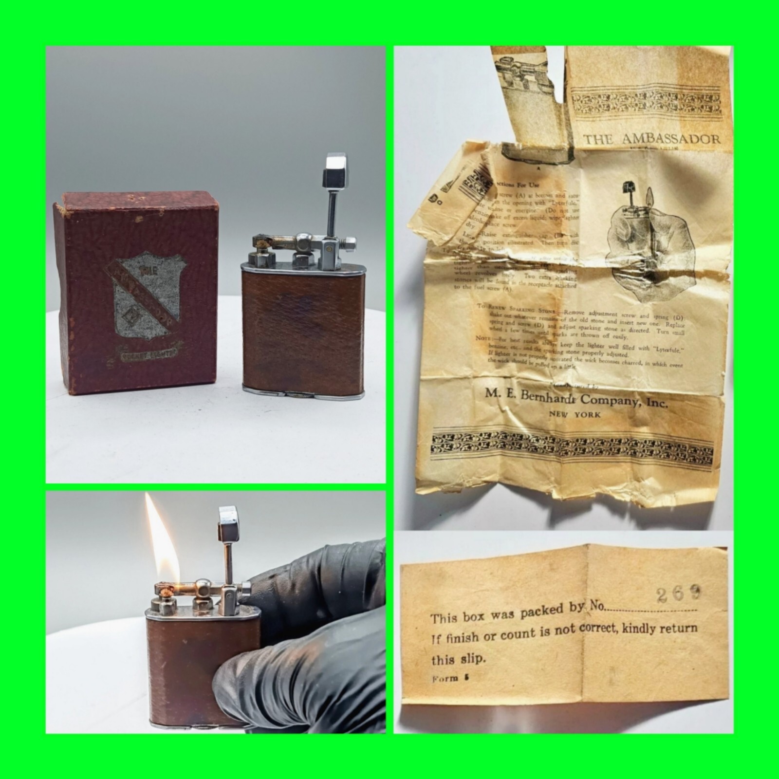 Antique M.E. Bernhardt Ambassador Lift Arm Lighter w/ Box & Instructions Antique M.E. Bernhardt Ambassador Lift Arm Lighter w/ Box & Instructions