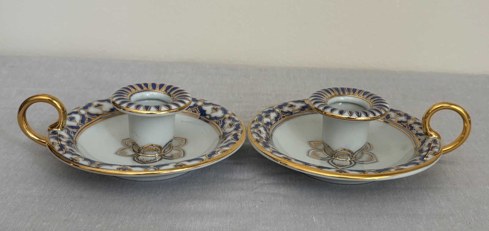PAIR Antique Russian Porcelain Coble Blue White Gold Lace Candle Holders
