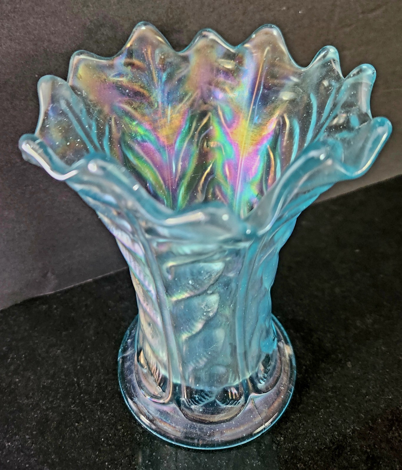 Vintage Northwood Ice Blue Leaf Columns Carnival Glass Squat Vase 6.5" h stamped Vintage Northwood Ice Blue Leaf Columns Carnival Glass Squat Vase 6.5" h stamped