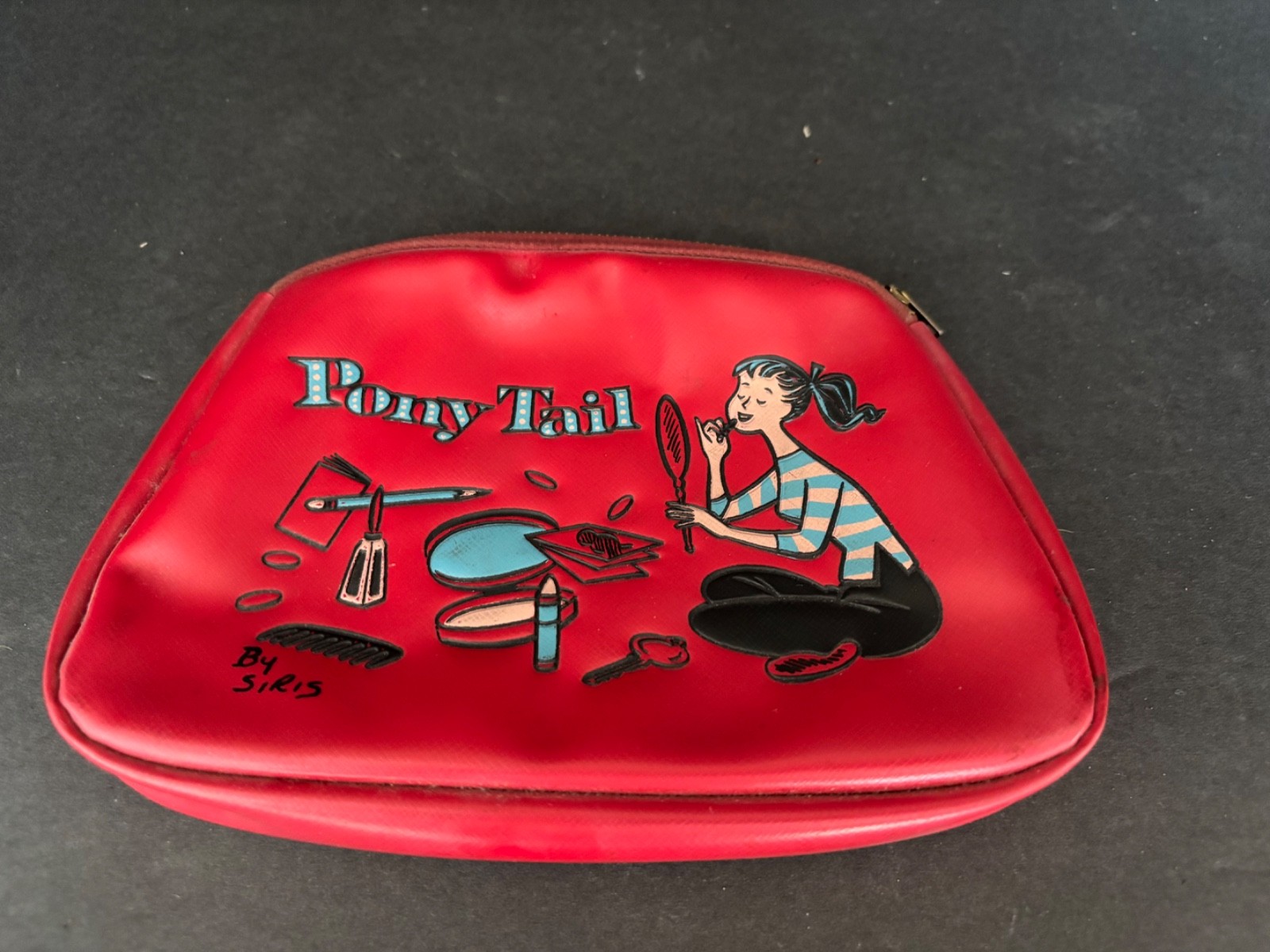 Vintage 1950's Ponytail Date Line Siris Related Red Vinyl zippered makeup bag Vintage 1950's Ponytail Date Line Siris Related Red Vinyl zippered makeup bag