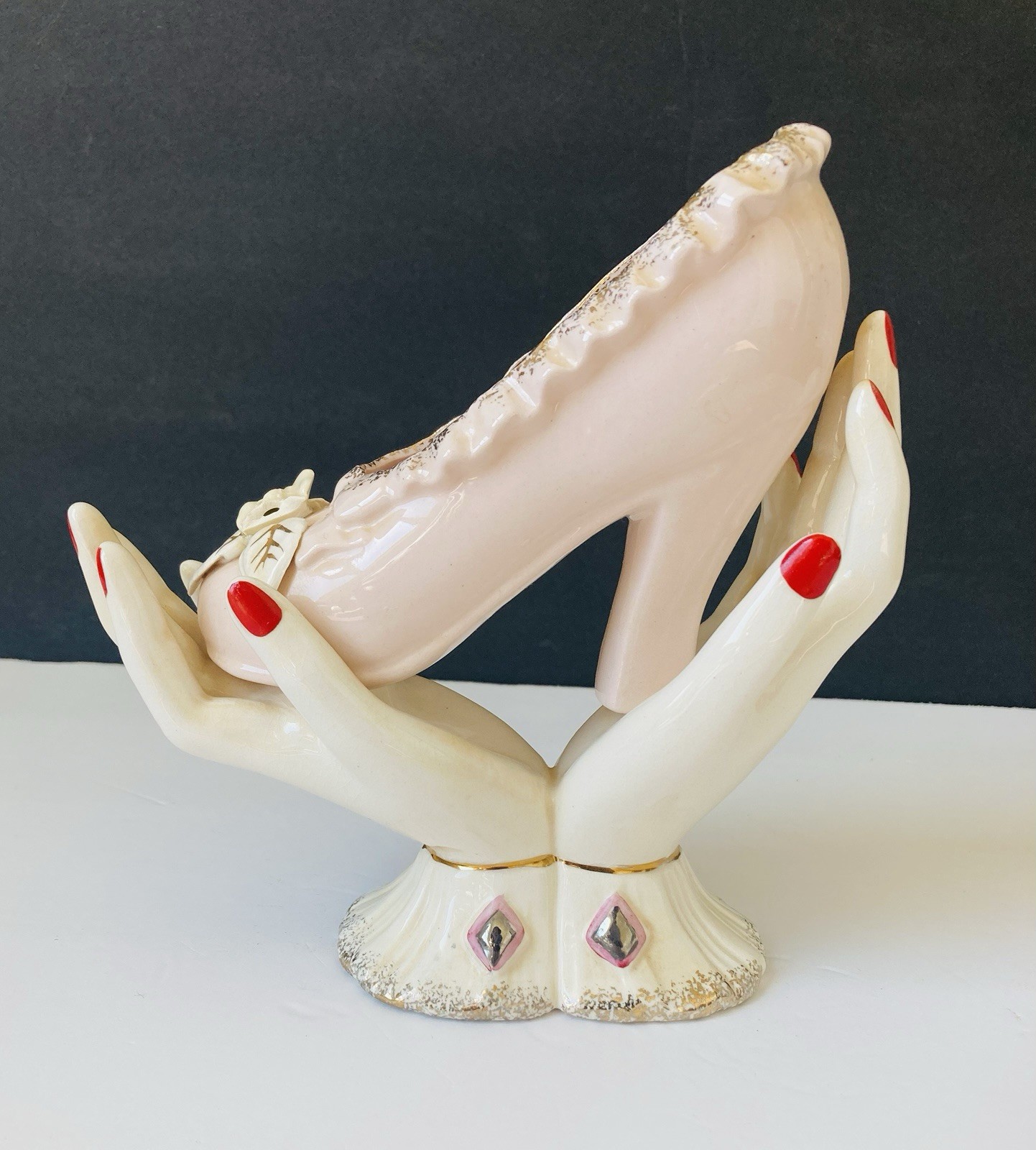 Vintage 1950’s Lady Hand Vase Holding a High Heel Shoe w/ Flowers & Gold Trim