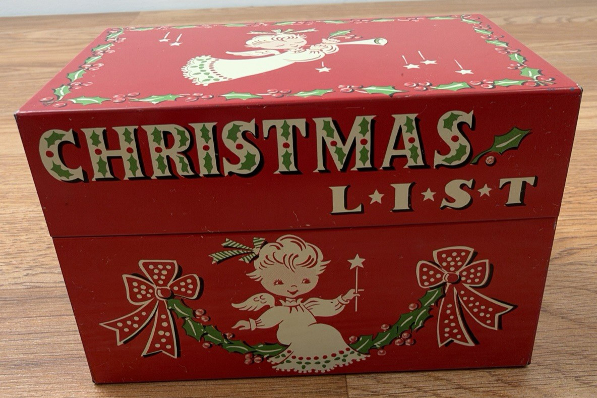 Vintage MCM Tin Christmas List Recipe Card Box Stylecraft 818 Angels Red Vintage MCM Tin Christmas List Recipe Card Box Stylecraft 818 Angels Red
