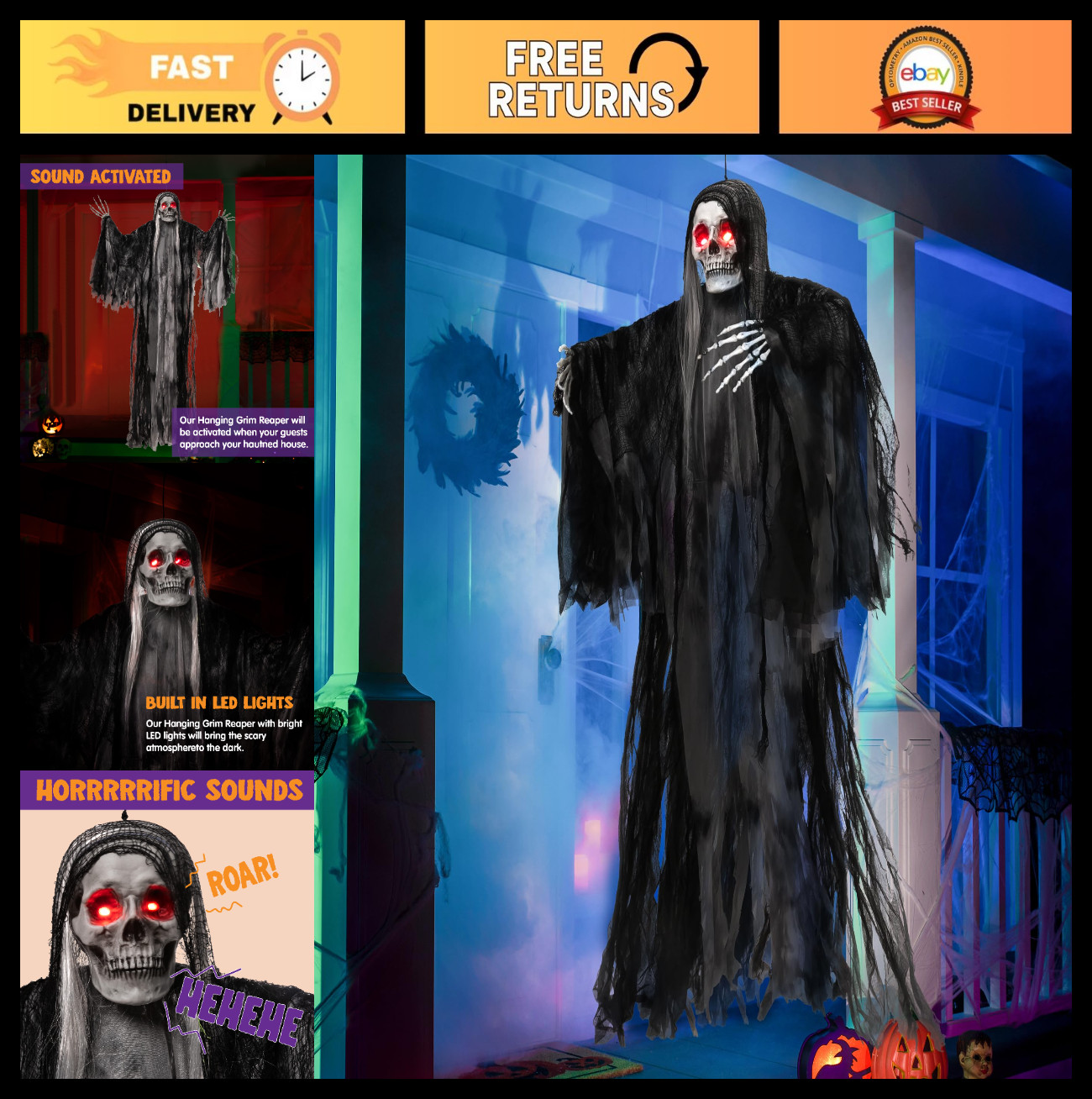 59” Animated Hanging Grim Reaper with Voice Control, Glowing Eyes & Creepy Sound 59” Animated Hanging Grim Reaper with Voice Control, Glowing Eyes & Creepy Sound
