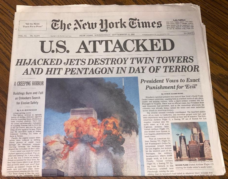 U.S. ATTACKED New York Times NYT Newspaper 9 11 01, Sept 12, 2001 New Condition U.S. ATTACKED New York Times NYT Newspaper 9 11 01, Sept 12, 2001 New Condition