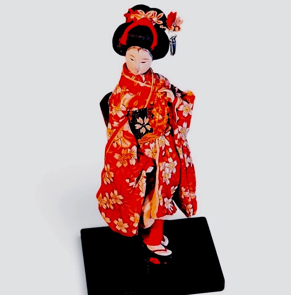 Vintage Japanese Maiko Doll Red Kimono Sakura Ningyo Lacquer Base Dancer Vintage Japanese Maiko Doll Red Kimono Sakura Ningyo Lacquer Base Dancer