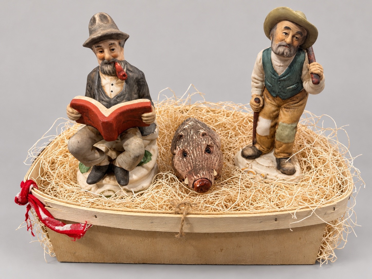 Vintage Hand-Painted Figurine Set with Two Men and Boar Head in Wooden Basket Vintage Hand-Painted Figurine Set with Two Men and Boar Head in Wooden Basket