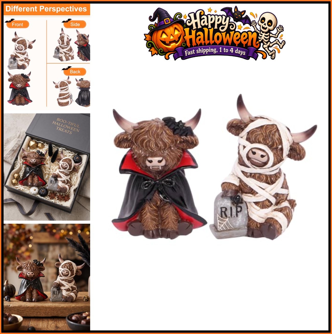 Halloween Highland Cow Statues Set Resin Vampire Mummy 6.3 Inch Indoor Decor