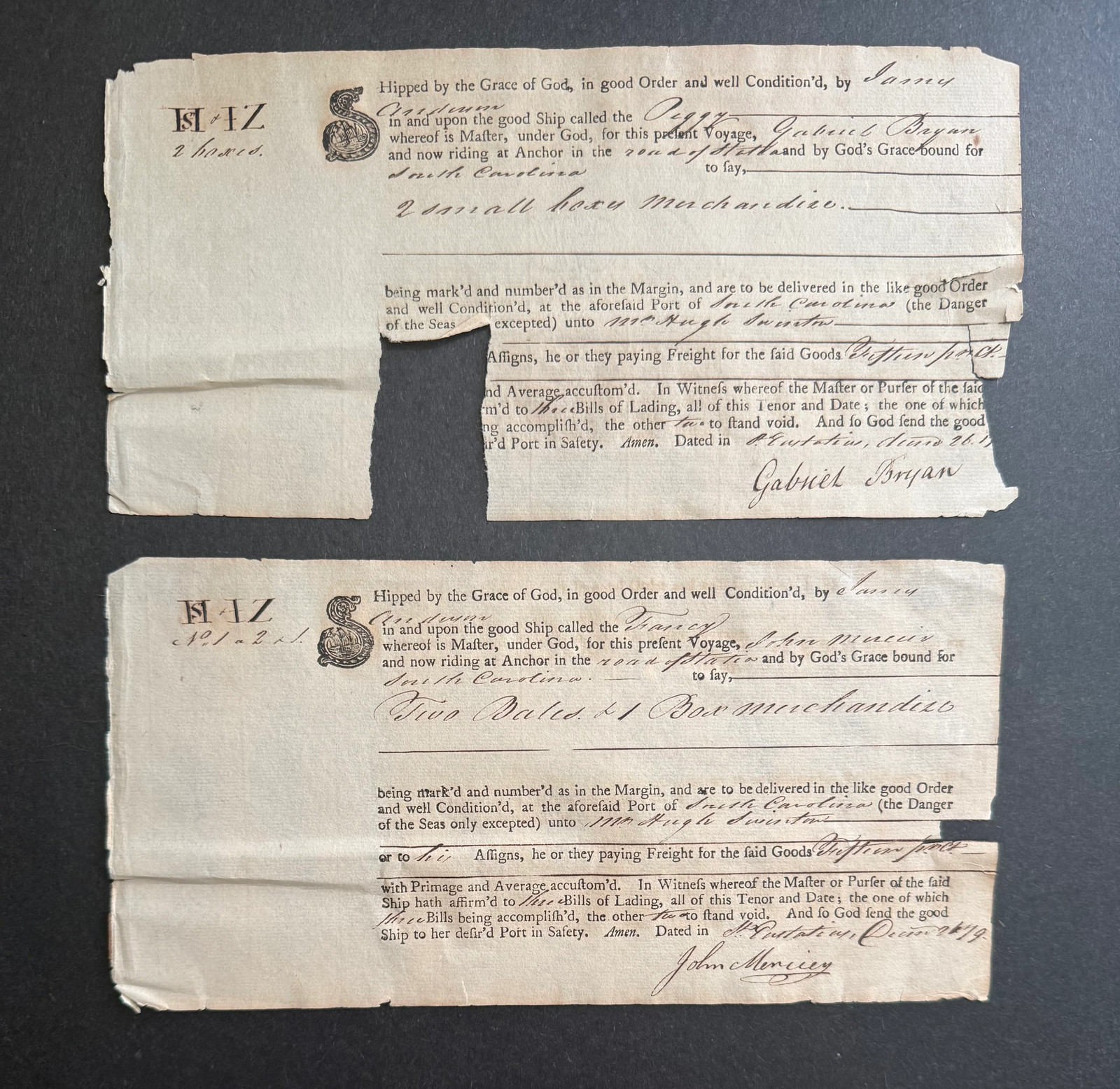1793 Two Early American Maritime Bills of Lading – Norfolk to South Carolina, 1793 Two Early American Maritime Bills of Lading – Norfolk to South Carolina,