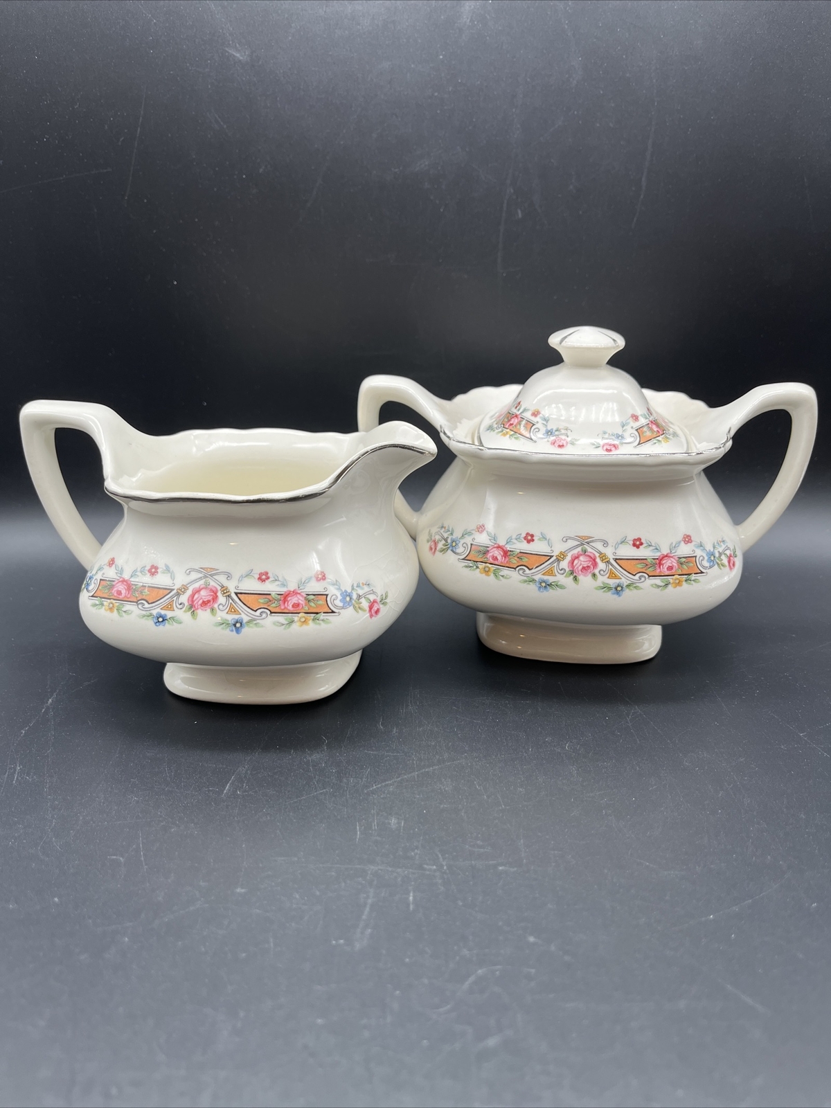 Vtg W. S. George Creamer Sugar Lido White 017A Lid 1930s Silver Edging Florals Vtg W. S. George Creamer Sugar Lido White 017A Lid 1930s Silver Edging Florals
