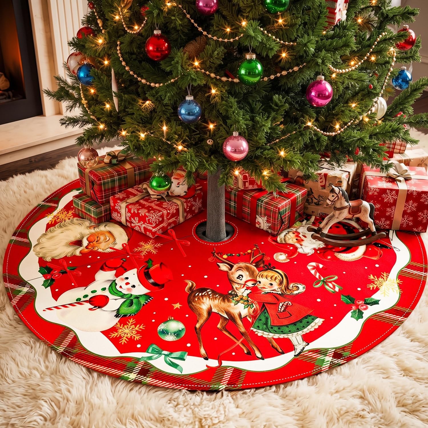Vintage Christmas Decorations Tree Skirt Home Decor with Retro Santa Design