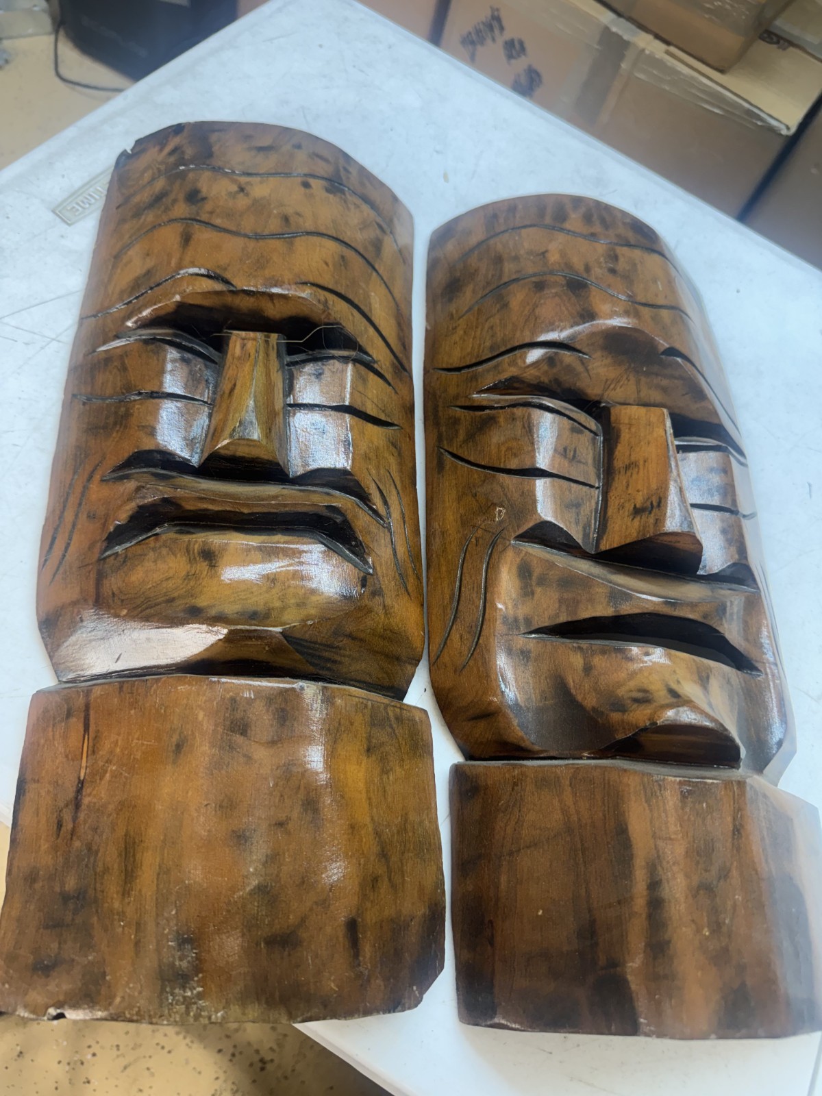 Pair Hand Carved Wooden Tribal Tiki Style Wall Masks Decor