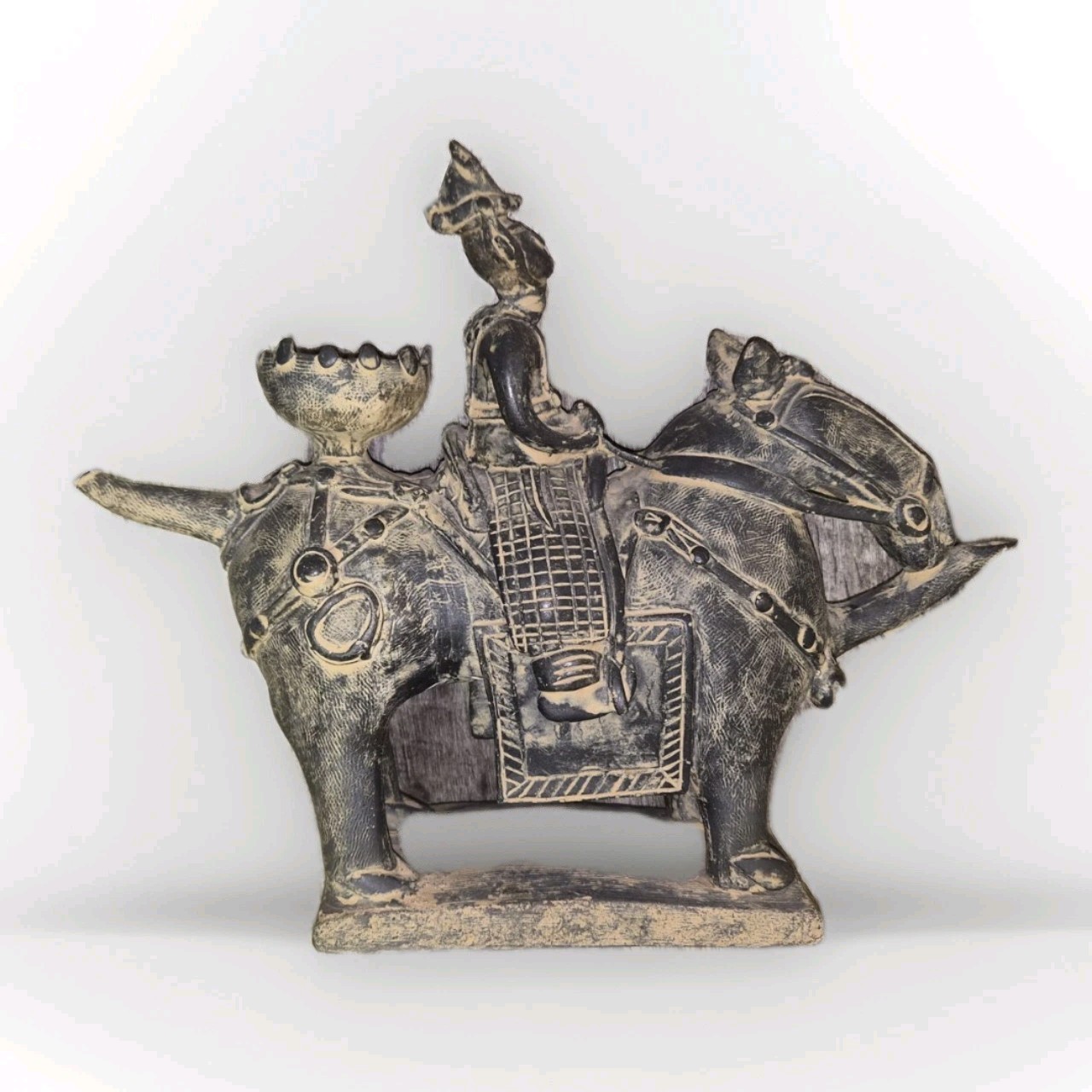 Korean Warrior Sculpture Knight  Horse Clay Grey Silla Master