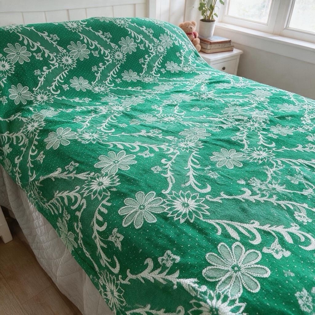 Vintage Green Floral Jacquard Twin Bedspread Coverlet Reversible Retro 68x97 Vintage Green Floral Jacquard Twin Bedspread Coverlet Reversible Retro 68x97