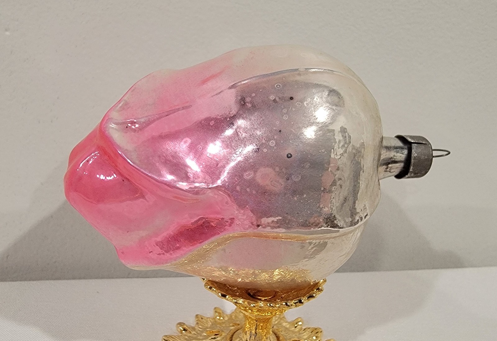 Vintage Heidt Glass Rose Ornament Silver And Pink Rare Vintage Heidt Glass Rose Ornament Silver And Pink Rare