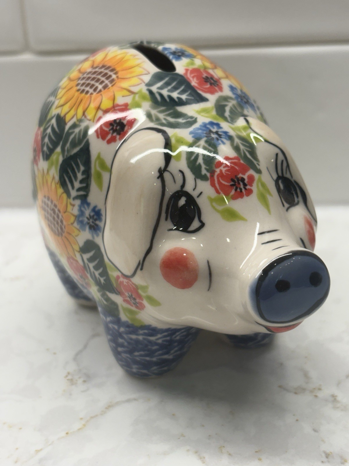 Kalich Polish Pottery Piggy Bank Sunflower UNIKAT Boleslawiec No Stopper 5"