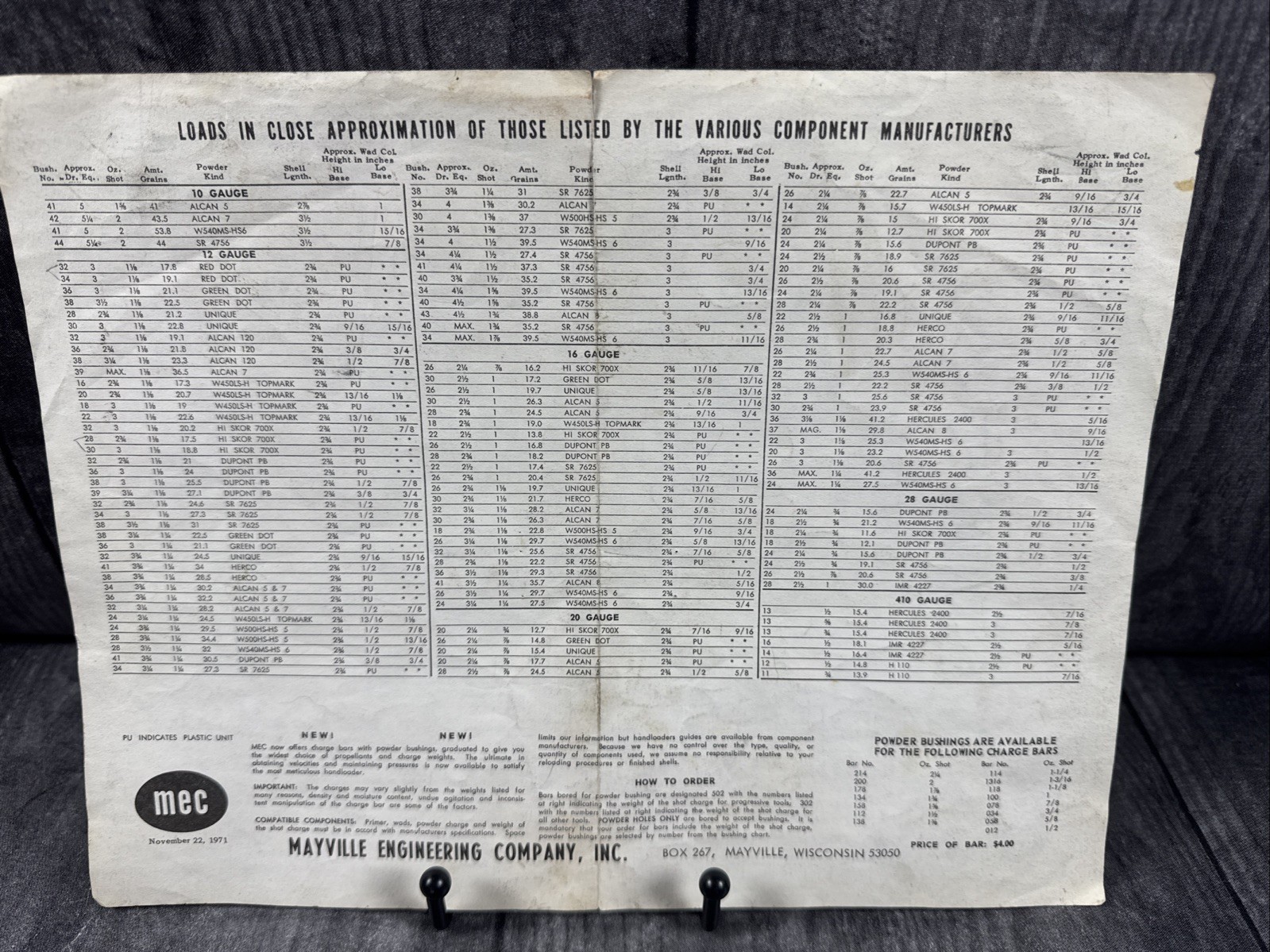 Vintage 1971 Mayville Engineering Company Shotgun Powder Bushing Chart
