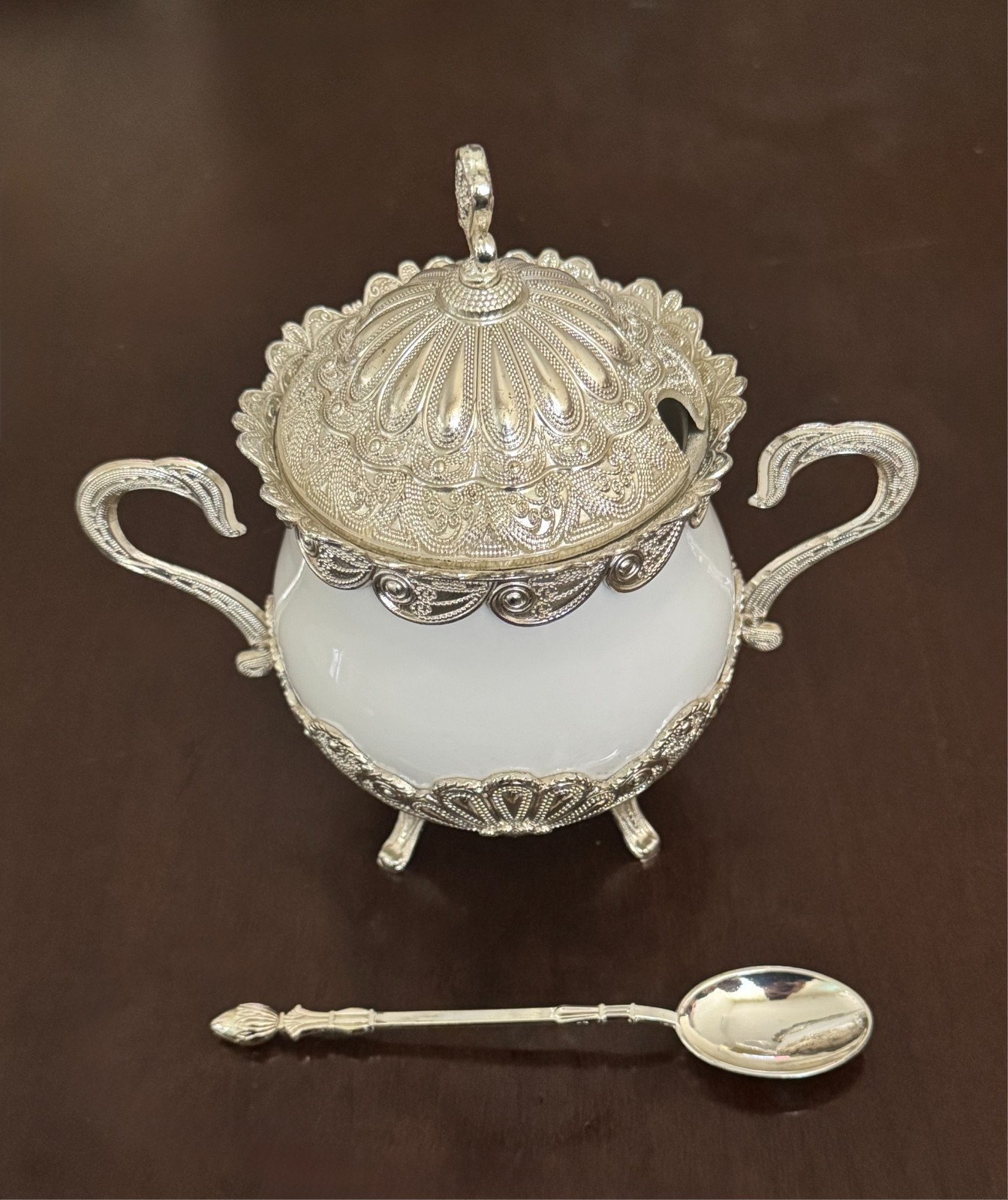 Decorative Sugar Bowl-Glass with metal edges and teaspoon Decorative Sugar Bowl-Glass with metal edges and teaspoon
