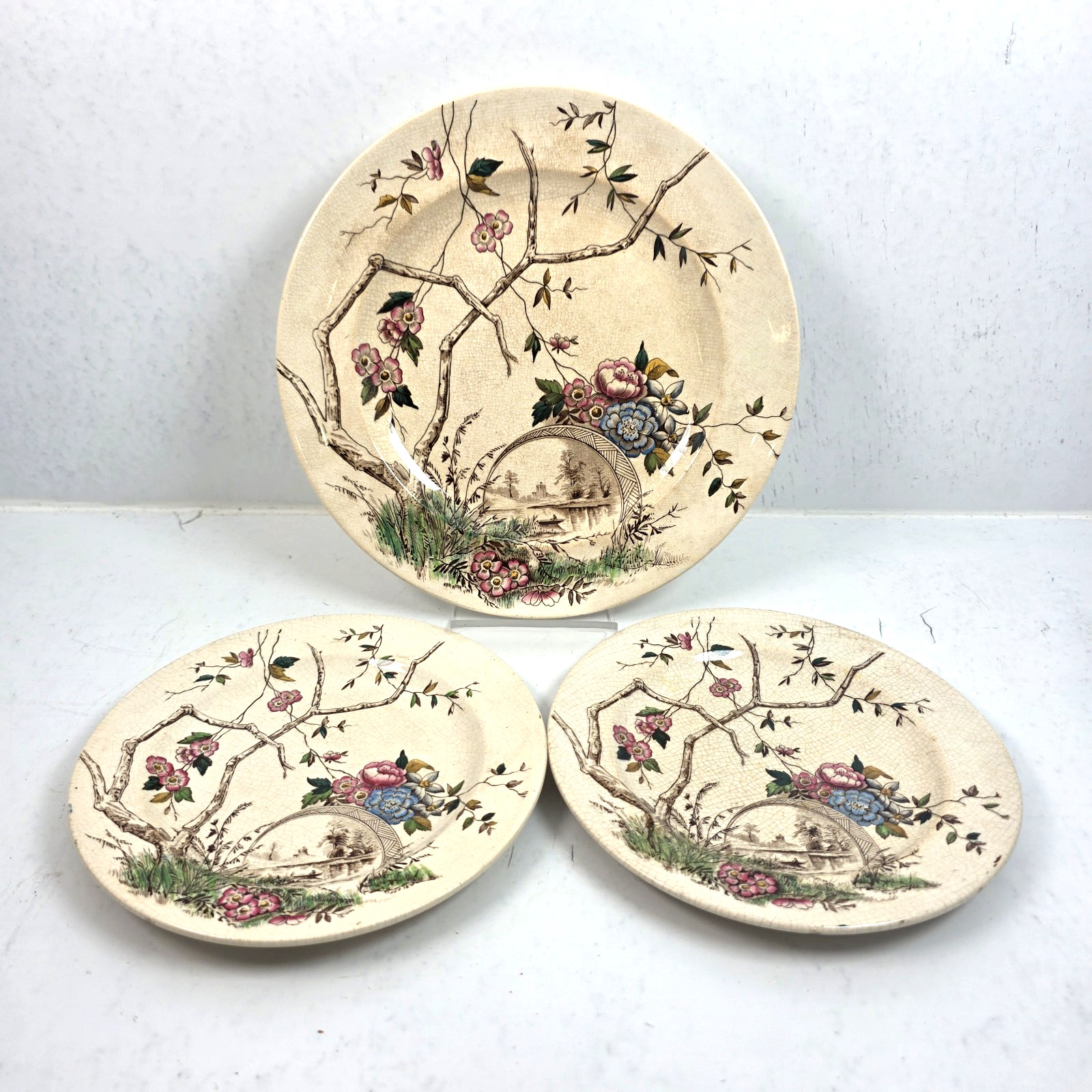 Antique JT Hudden Staffordshire Aesthetic Movement Transferware Plates Set of 3 Antique JT Hudden Staffordshire Aesthetic Movement Transferware Plates Set of 3