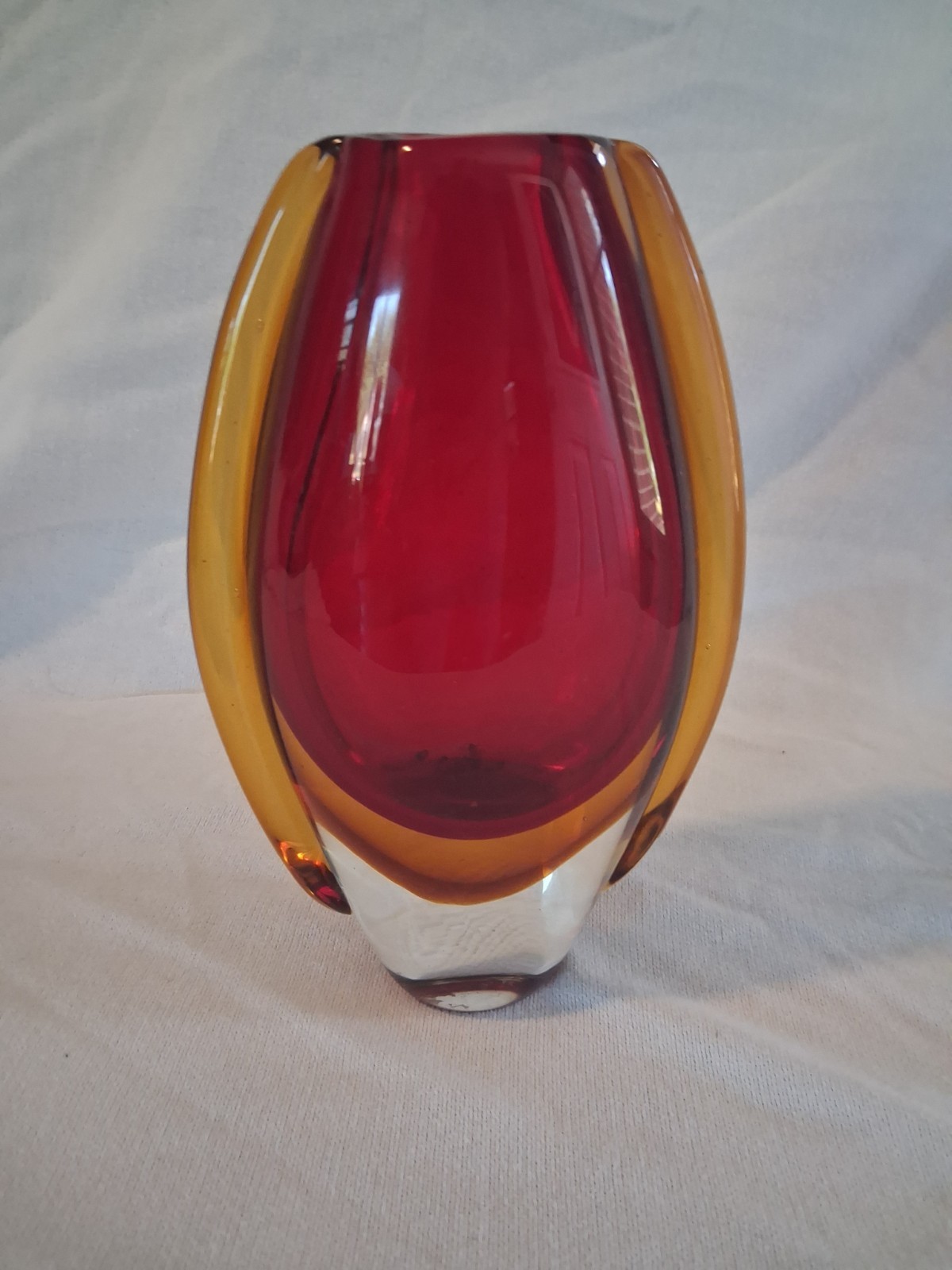 VTG Heavy Glass Art Decorative Vase Red Yellow Red Orange Clear Murano Style EUC VTG Heavy Glass Art Decorative Vase Red Yellow Red Orange Clear Murano Style EUC