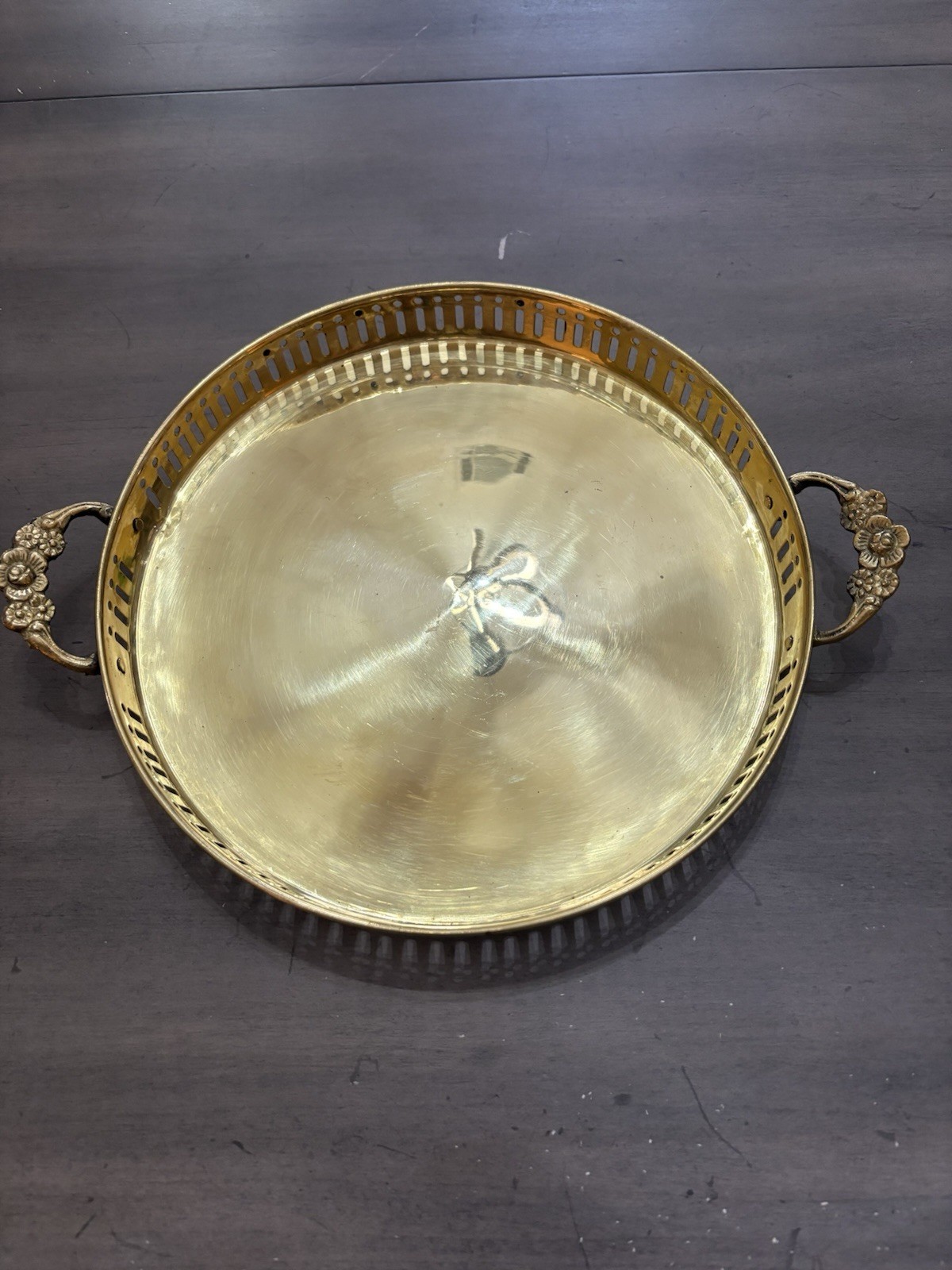 Vintage 9 Inch Diameter Brass Drink/Vanity Tray With Handles India