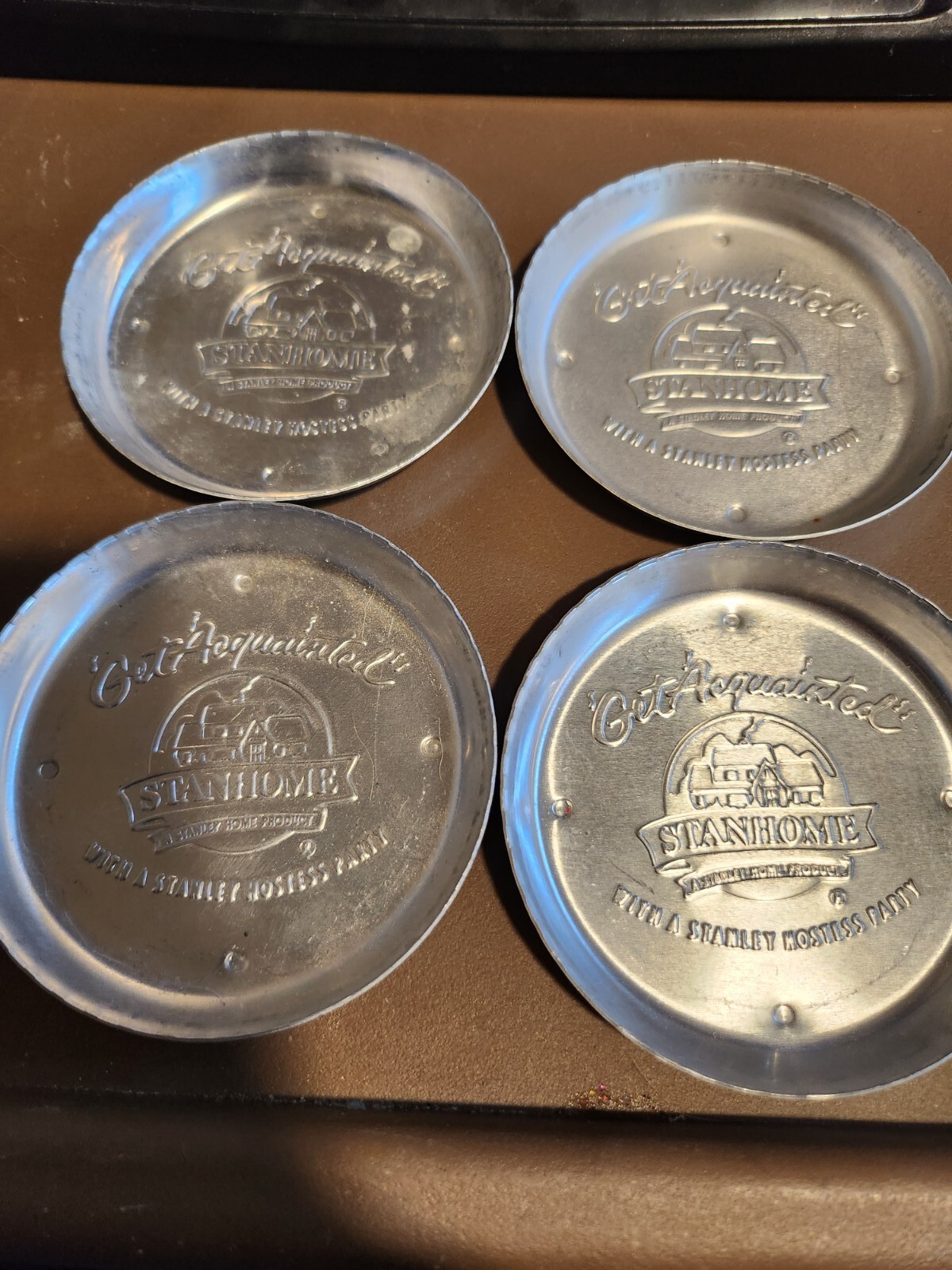 Lot/4 Vtg Stanhome "Get Acquainted" With A Stanley Hostess Party Coasters Metal Lot/4 Vtg Stanhome "Get Acquainted" With A Stanley Hostess Party Coasters Metal