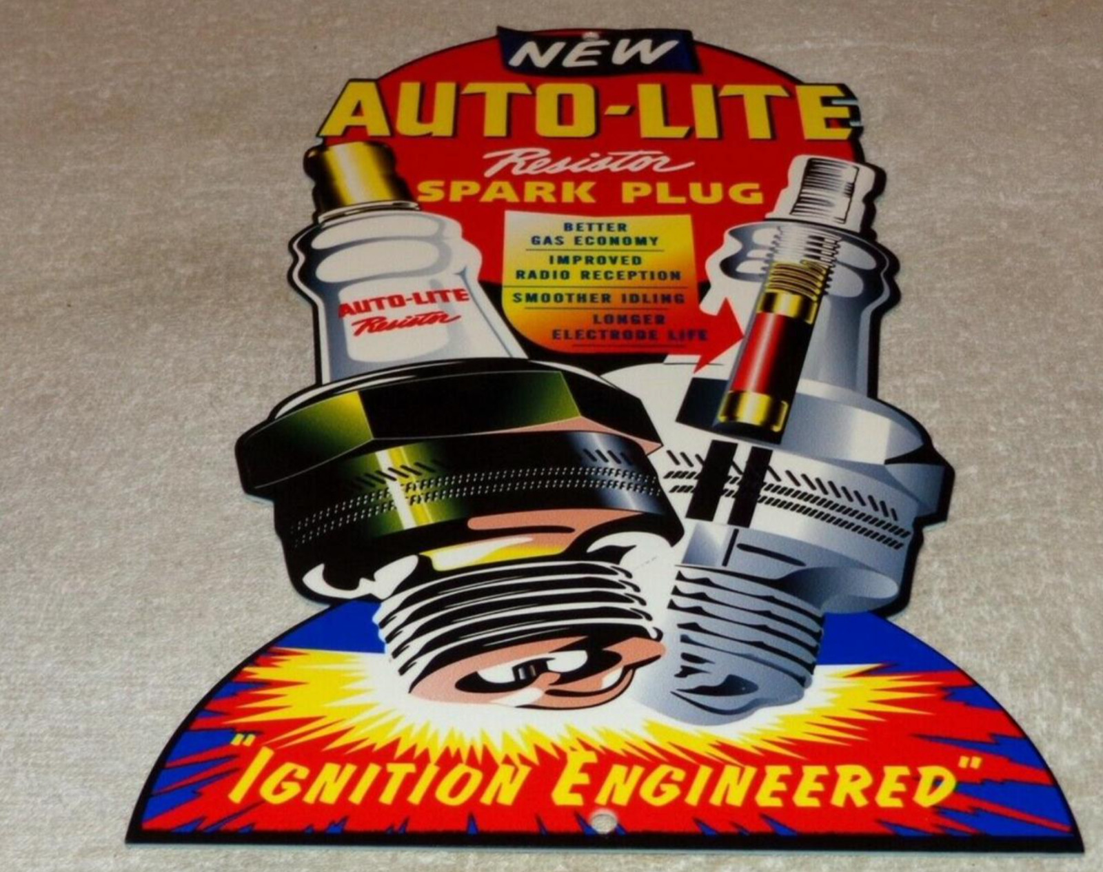 VINTAGE AUTO-LITE SPARK PLUG SERVICE 12" METAL CAR TRUCK PLUGS GASOLINE OIL SIGN VINTAGE AUTO-LITE SPARK PLUG SERVICE 12" METAL CAR TRUCK PLUGS GASOLINE OIL SIGN