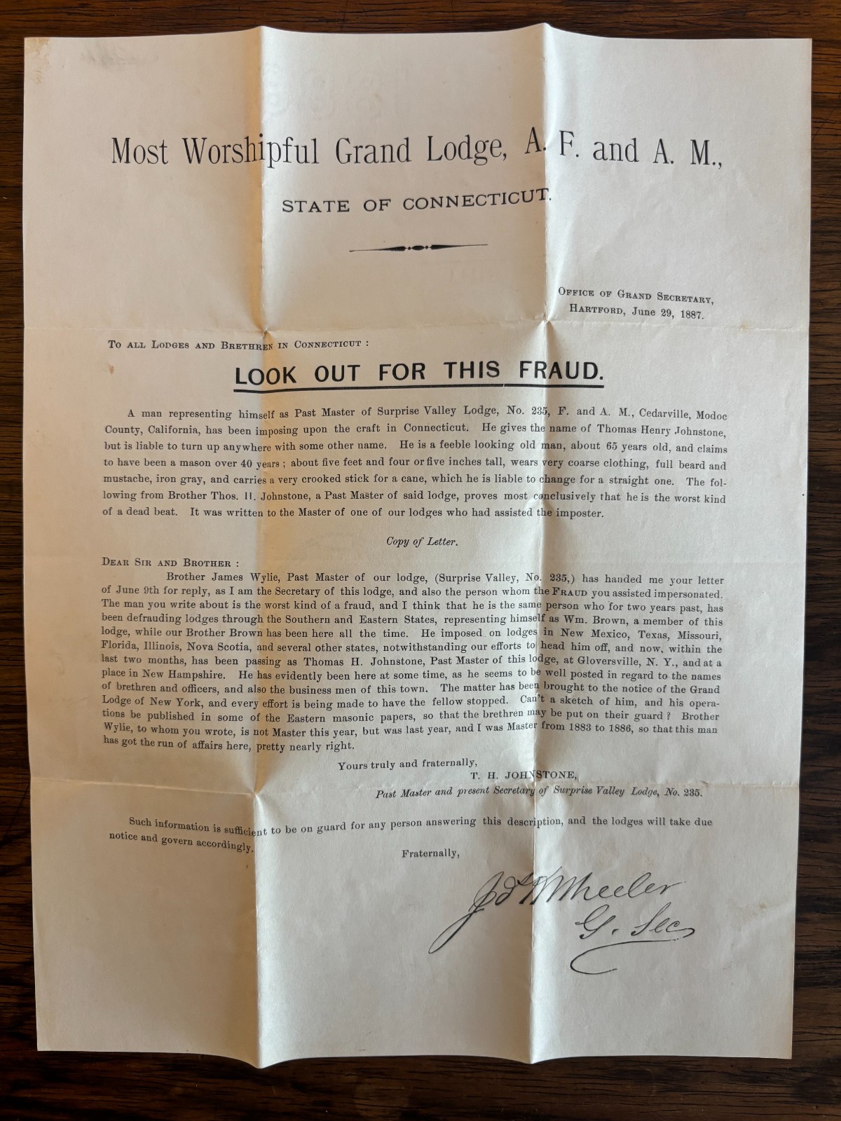 1887 CONNECTICUT MASONIC BROADSIDE IMPOSTER "LOOK OUT FOR THIS FRAUD" FREEMASONS 1887 CONNECTICUT MASONIC BROADSIDE IMPOSTER "LOOK OUT FOR THIS FRAUD" FREEMASONS