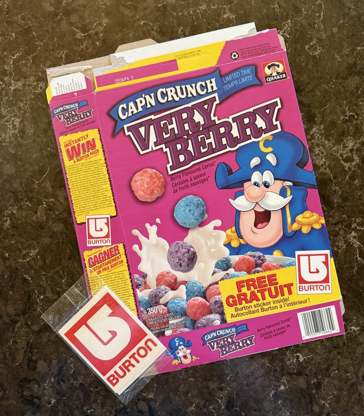 Vtg 2003 Cap'n Crunch VERY BERRY Cereal Box w/ Burton Snowboards Sticker RARE Vtg 2003 Cap'n Crunch VERY BERRY Cereal Box w/ Burton Snowboards Sticker RARE