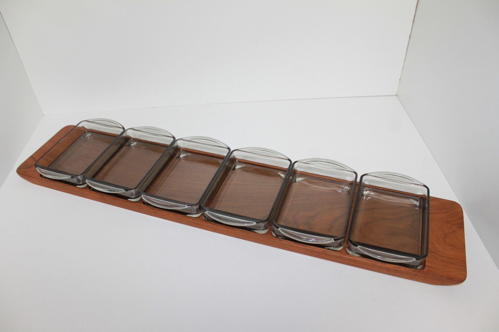 Vintage MCM LUNNNG Teak Serving Tray with 6 Smoke Glass Dishes - 26.5” - DENMARK Vintage MCM LUNNNG Teak Serving Tray with 6 Smoke Glass Dishes - 26.5” - DENMARK