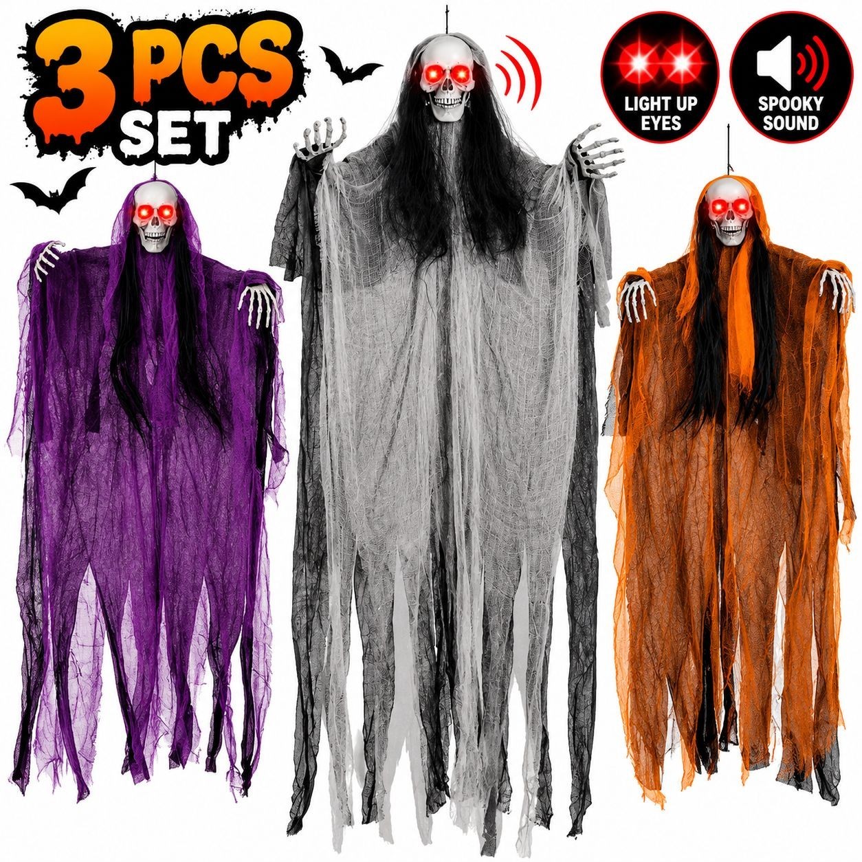 3PCS  Hanging 59" Grim Reaper Skeleton Halloween Decor Light Up Eyes Sound Prop