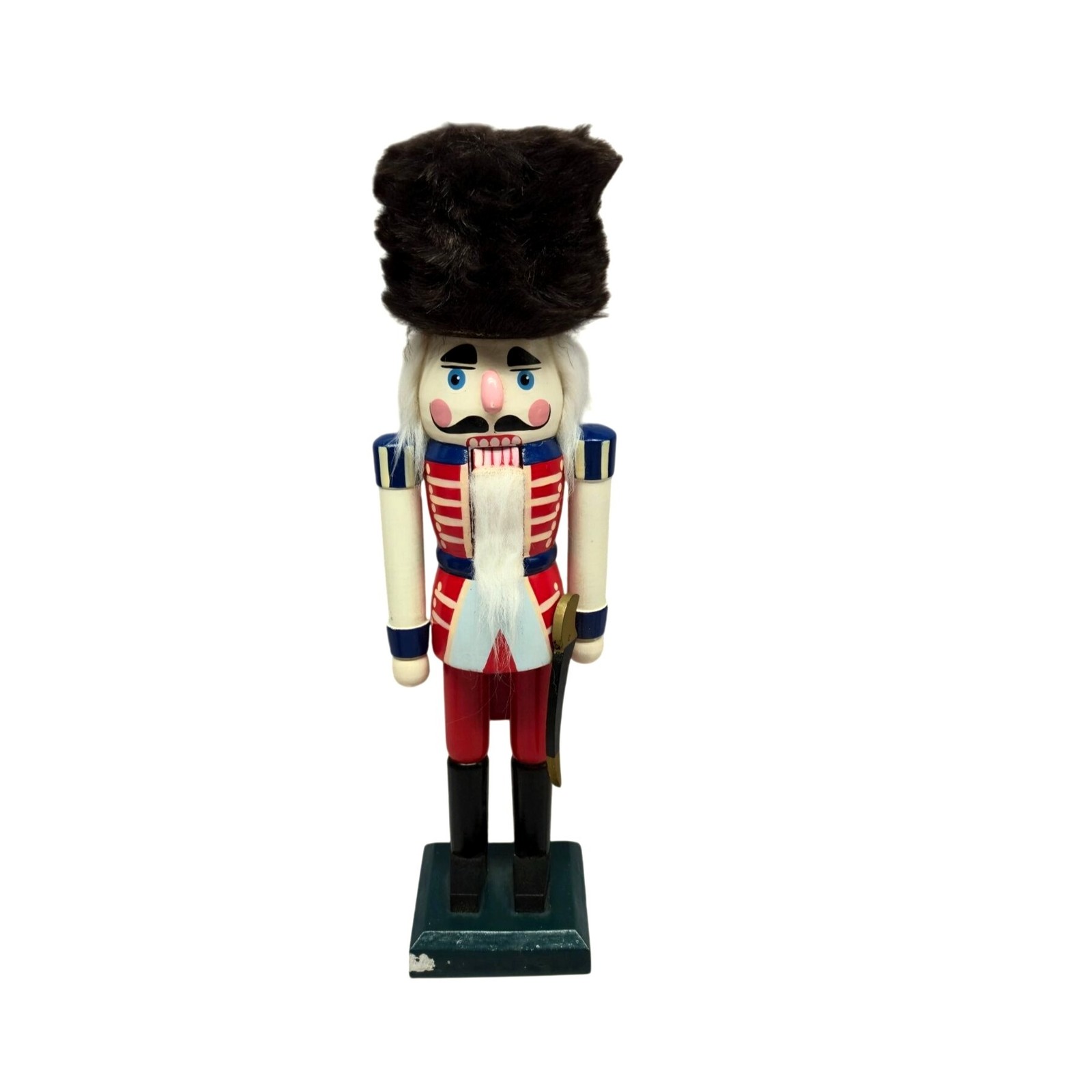 VTG Hand-Painted Wooden Nutcracker Soldier w/ Black Fur Hat Sword German style VTG Hand-Painted Wooden Nutcracker Soldier w/ Black Fur Hat Sword German style