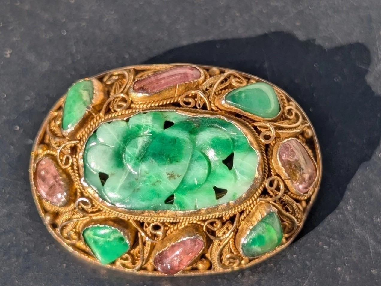 Antique Chinese Export Silver Filigree Jade Jadeite Pink Tourmaline Brooch Antique Chinese Export Silver Filigree Jade Jadeite Pink Tourmaline Brooch
