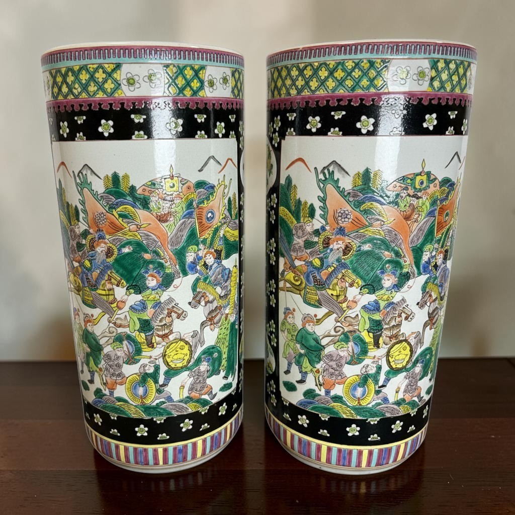 Antique Qing Dynasty Chinese Famille Noire Porcelain Umbrella Stands Vases 18" H Antique Qing Dynasty Chinese Famille Noire Porcelain Umbrella Stands Vases 18" H