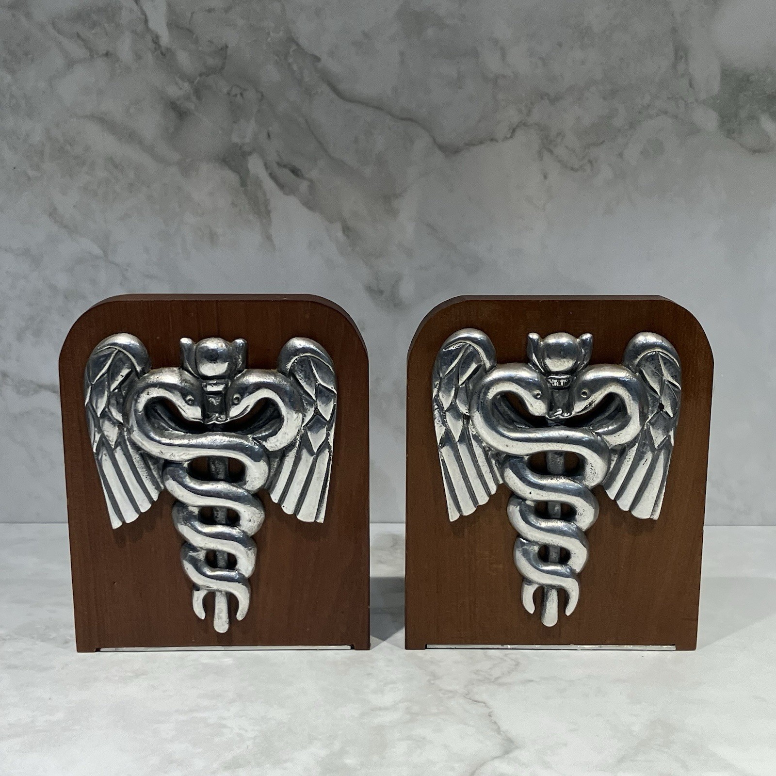 Vintage Pair Medical Caduceus Bookends MCM Decor Pewter and Wood Vintage Pair Medical Caduceus Bookends MCM Decor Pewter and Wood
