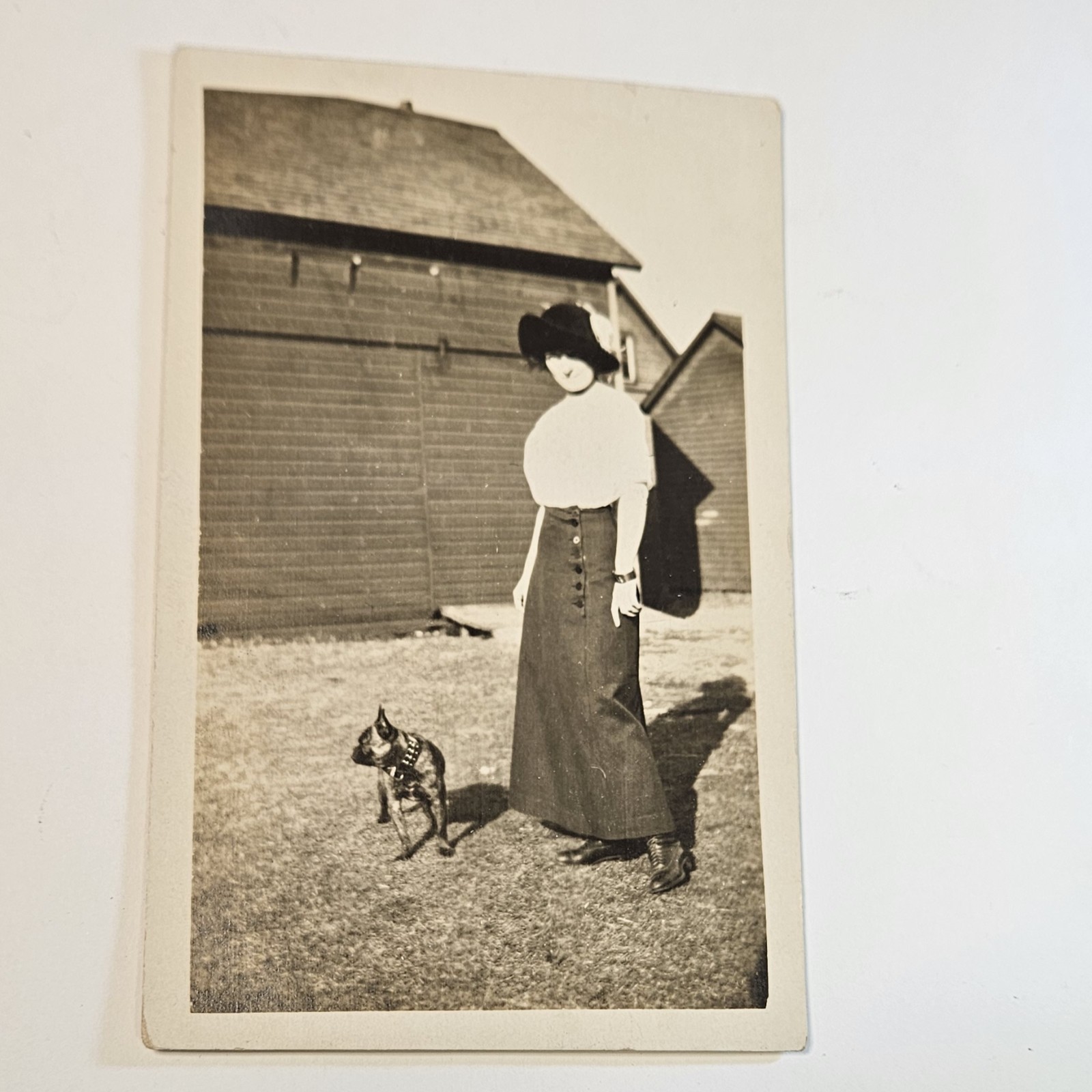 Vtg 1910s Azo Real Photo Post Card Lady And A Dog, Barn, Hat, Dress Style RPPC Vtg 1910s Azo Real Photo Post Card Lady And A Dog, Barn, Hat, Dress Style RPPC
