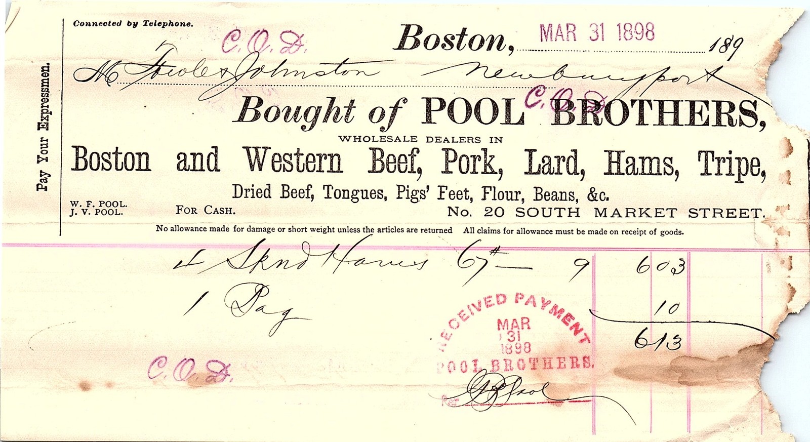 1898 Boston Pool & Brothers Meat Wholesaler Billhead 1898 Boston Pool & Brothers Meat Wholesaler Billhead